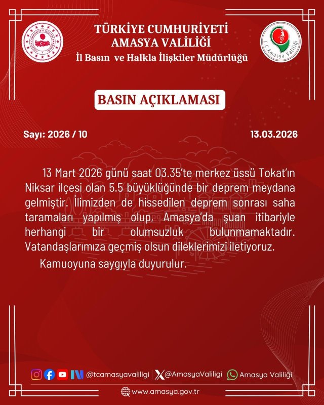 Amasya Valiliği: Deprem Sonrası Herhangi Bir Olumsuzluk Bulunmuyor