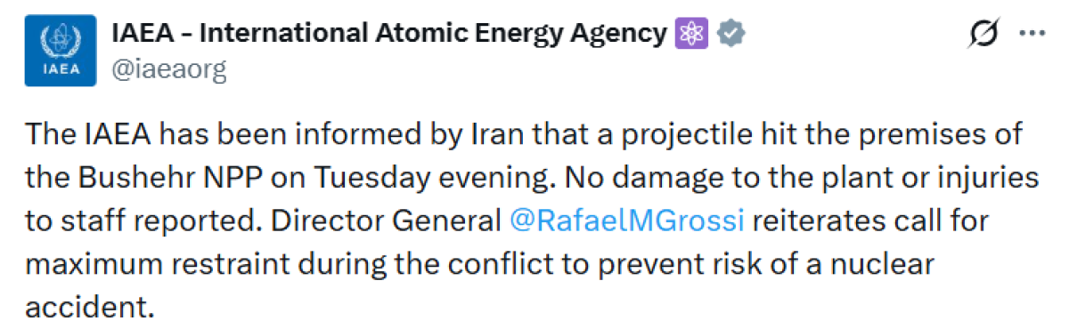 UAEA: Buşehr Nükleer Santrali Yerleşkesine Füze İsabet Etti