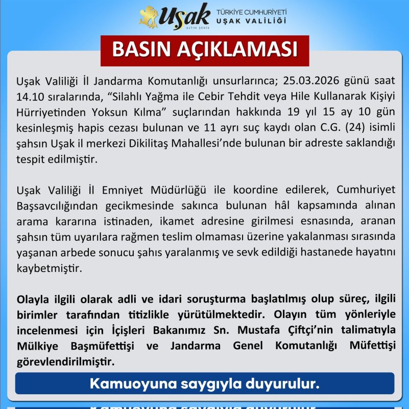 Uşak’ta Operasyonda Yaralanan Firari Hükümlü Hayatını Kaybetti