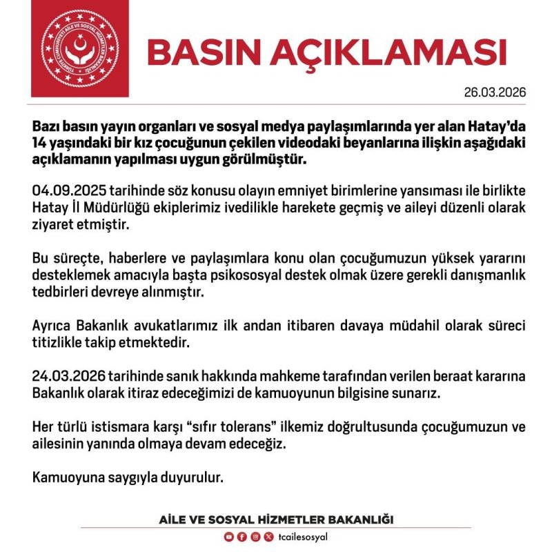 14 Yaşındaki Çocuğun Taciz İddiasında Beraat Kararına Bakanlıktan İtiraz